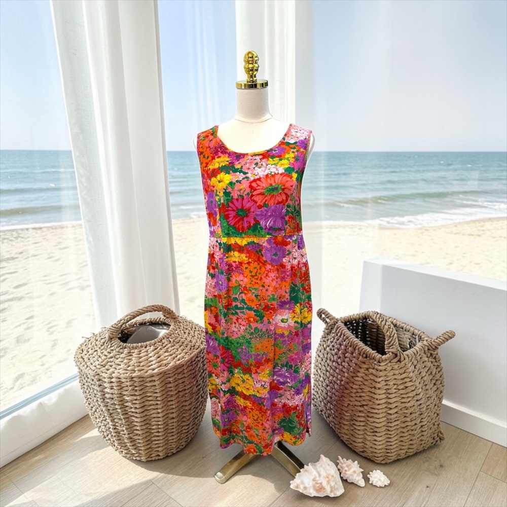 VTG Jams World In Bloom Hawaiian Midi Dress Pockets Sz S 1990’s Rayon EUC